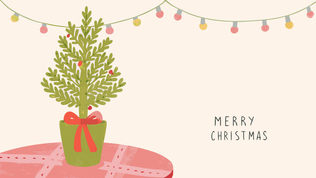 Potted Christmas Tree Illustration With Red Accents And Festive Garland
