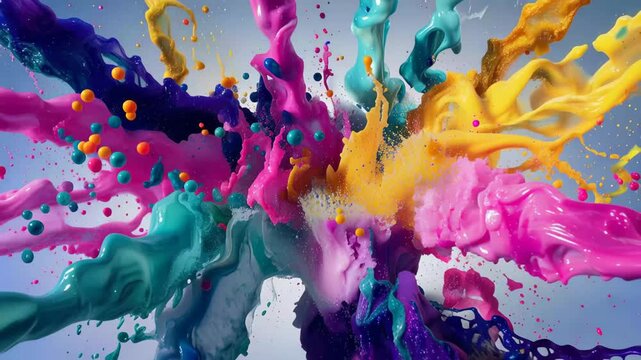 Colorful paint splashes create bright patterns on a canvas during an art demonstration in a studio setting