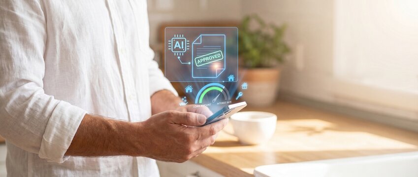 Man using smartphone with ai interface for approved document and internet speed test at home