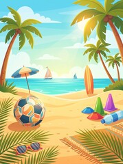 Obraz premium Colorful beach scene with palm trees, a soccer ball, surfboards, and beach toys under a bright sky with sailboats in the distance