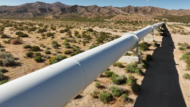 Aerial shot of the Los Angeles Aqueduct as it passes over some low mountains in California. The aqueduct supplies water to Los Angeles and Southern California.