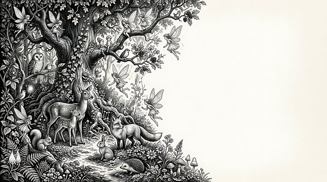 Whimsical forest engraving with animals and fairies on white background