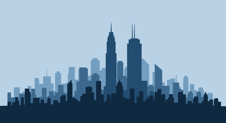 Fototapeta premium Abstract illustration of a city skyline at dusk with layered buildings in silhouette