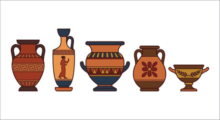 Ancient Greek Pottery Vessels Vector Illustration With Decorative Patterns © vector desgins 