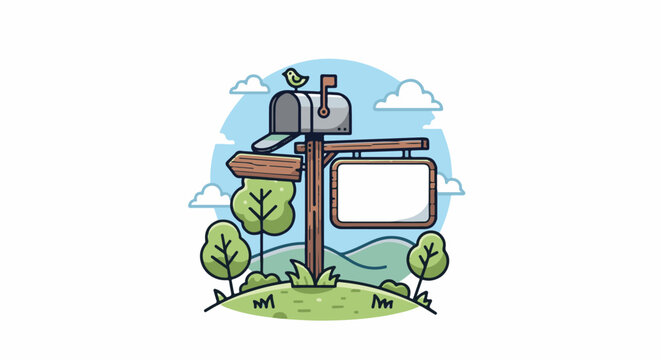 Cute mailbox, empty sign, and bird on a hill with trees and clouds
