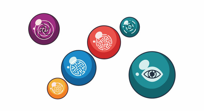 Colorful orbs with abstract designs eye, maze, spiral, and concentric circles