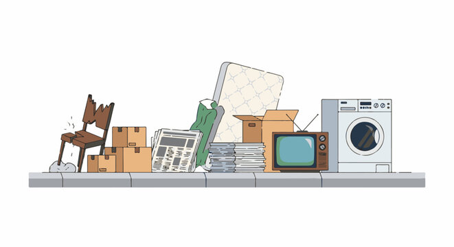 Discarded furniture, boxes, and appliances piled on a sidewalk
