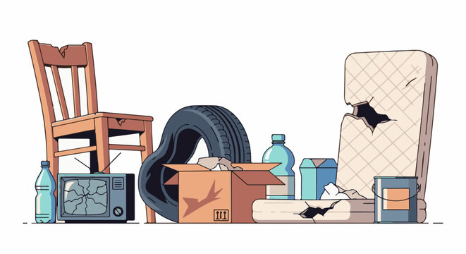 Discarded items including a chair, tire, broken TV, and damaged mattress