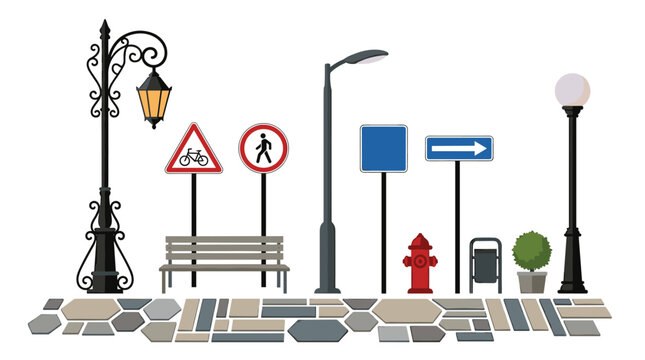 A collection of various street furniture including ornate lamp posts and traffic signs arranged above a stone-paved walkway in a clean isolated vector graphic style.