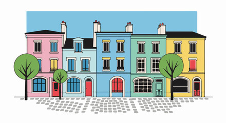 Naklejka premium Colorful row of cartoon houses with trees and cobblestone street
