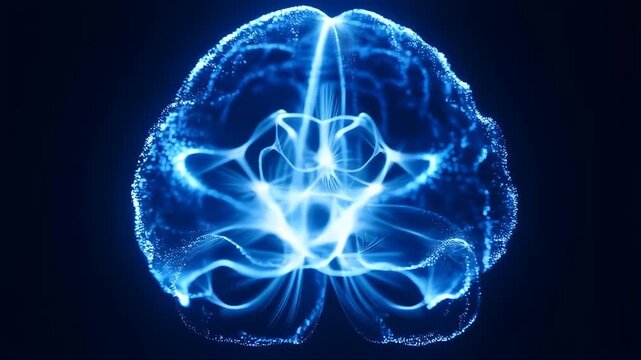 Digital Brain Hologram with Glowing Blue Neural Network Lines Representing Artificial Intelligence Technology in Futuristic Science Concept