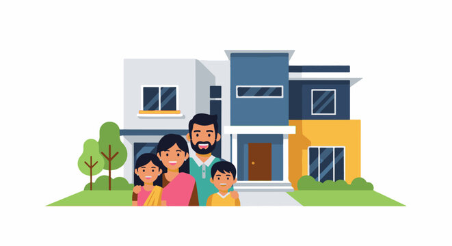 Family stands in front of a modern house with trees and grass