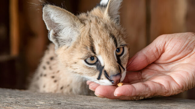 At the African Wild Cat Rescue and Conservation Center's wildlife rehabilitation center, a staff member hand-feeds an orphaned serval kitten