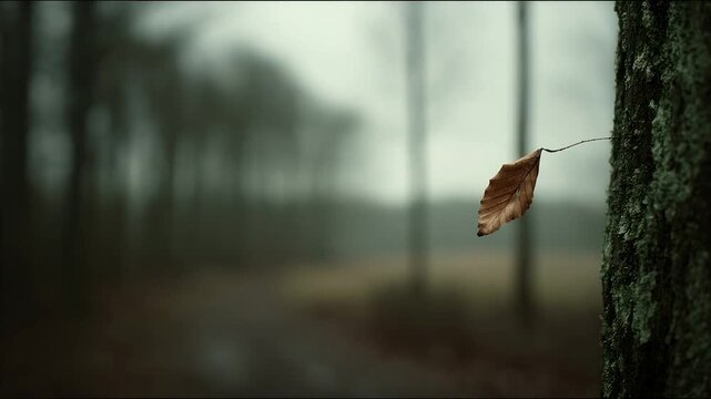 A lone brown leaf clings to a branch on a tree trunk, with a blurred forest in the background