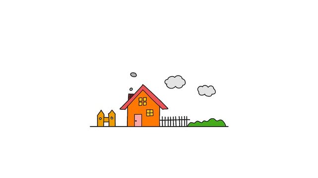 Minimalist cute house vector illustration with clouds and fence isolated on transparent background