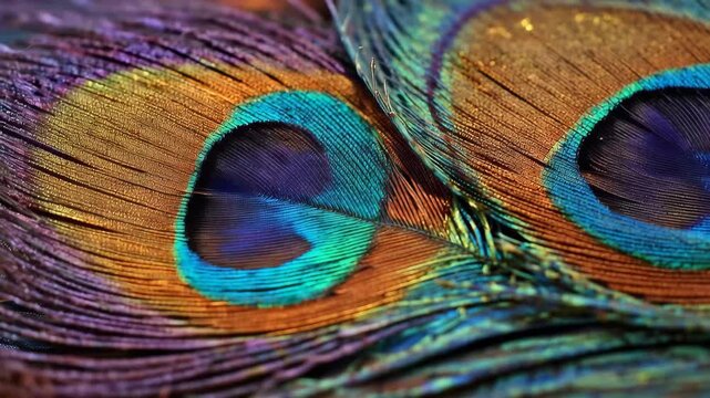 Discover the beauty of a peacock feather up close in bright colors and interesting patterns during a sunny day