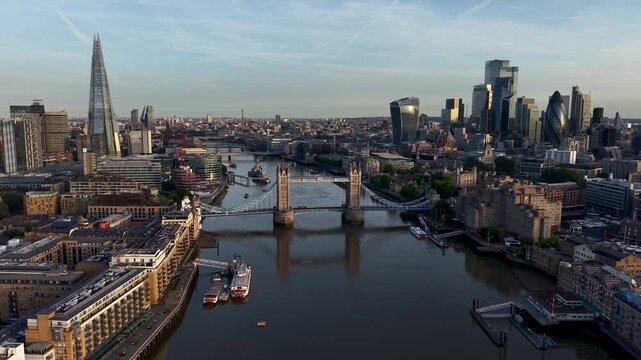 Drone Shot of London skyline featuring Tower Bridge and River Thames