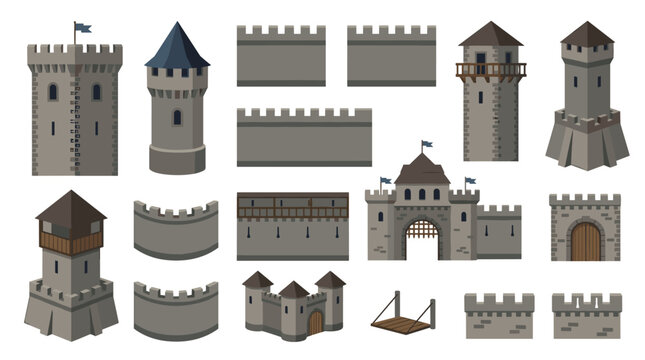 Various medieval fortress architectural components like stone walls, round towers, and a wooden drawbridge are arranged neatly on a plain white background for design.