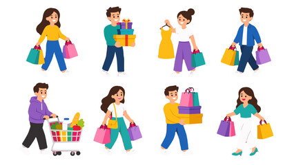 Fototapeta premium Set of shopping people with bags gifts clothes and groceries