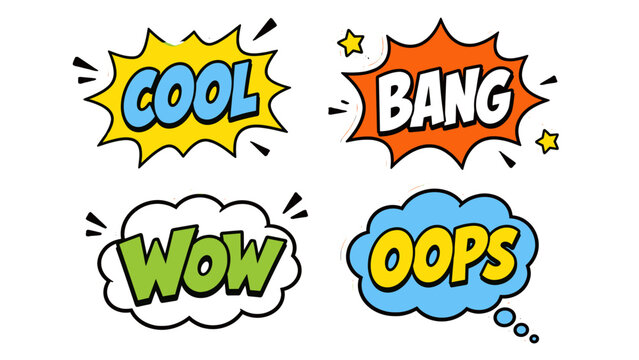 Comic speech bubble stickers with cool bang wow and oops text
