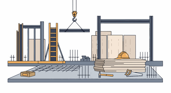 Construction site with crane, materials, and tools