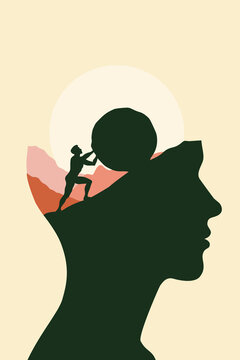 Sisyphus Struggle with Hard Work, Progress and Victory Concept Illustration