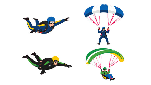 Skydivers and paraglider in flight with parachutes set