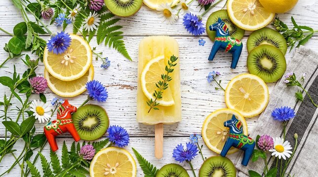 Lemon Popsicle With Fresh Citrus, Kiwi and Swedish Dala Horse Flatlay on Rustic Wood