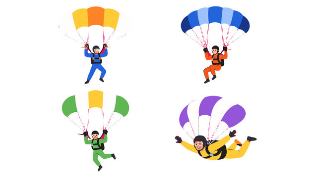 Set of cartoon skydivers descending with colorful parachutes