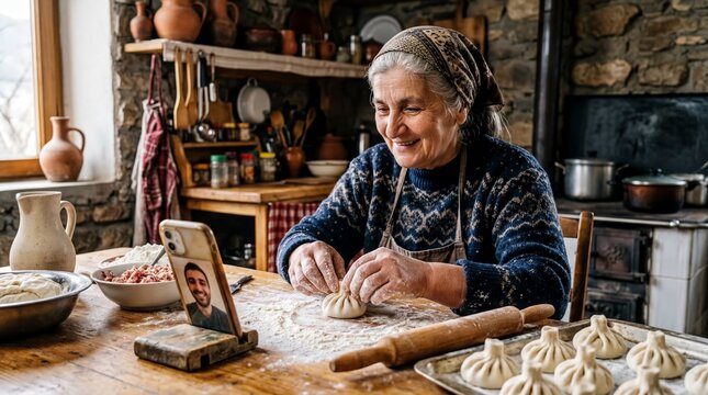 culinary tradition, an elderly georgian woman makes khinkali with flour-dusted hands while video-calling