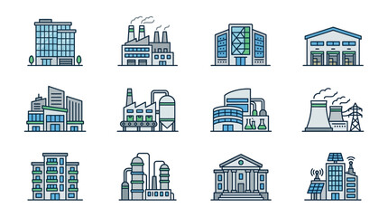 Fototapeta premium Industrial buildings and factory icons.