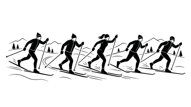 Cross-country skiing team in action, winter sport, outdoor activity, mountain landscape