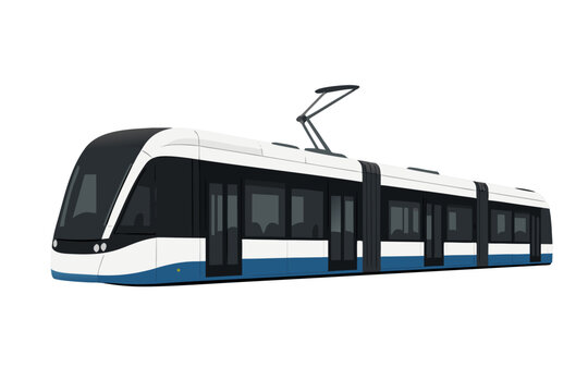 Modern white and blue electric tram vector illustration isolated on transparent background urban public transport vehicle with pantograph windows and articulated cars for city transit design
