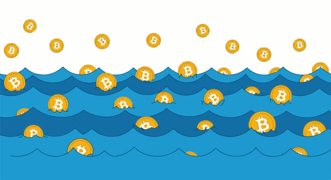Digital currency coins bobbing on wavy blue water under white sky