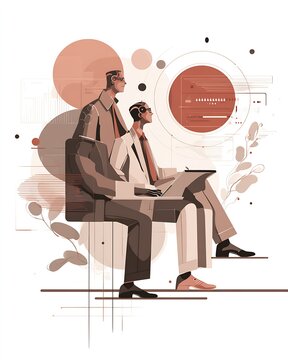 Two professionals with headsets working at laptops beside abstract circular data dashboard illustration