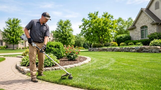 Man trimming lawn with string trimmer in front of suburban house