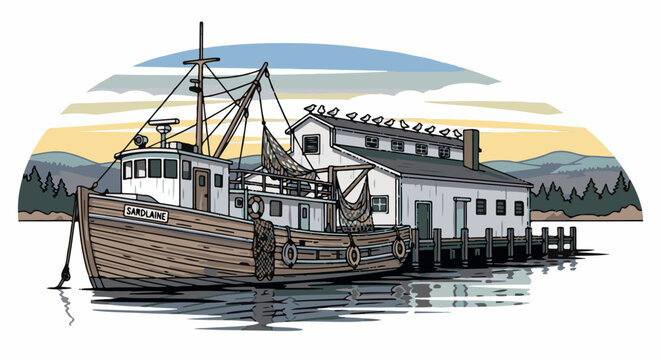 Fishing trawler moored at a weathered dockside building against a backdrop of hills and sky