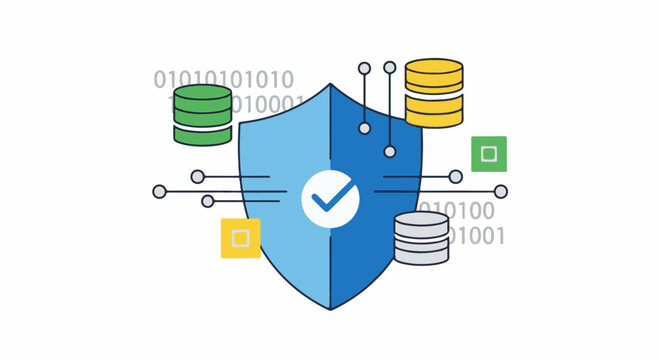 Digital security shield protects data with binary code