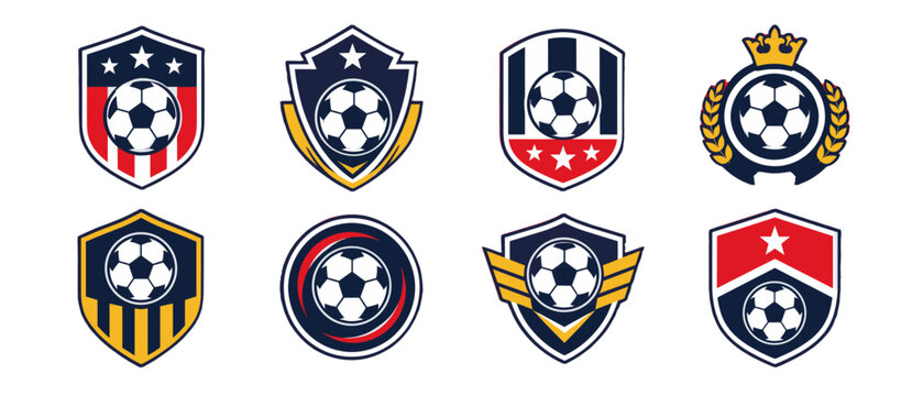Set of soccer badge emblems with ball shield and crest designs