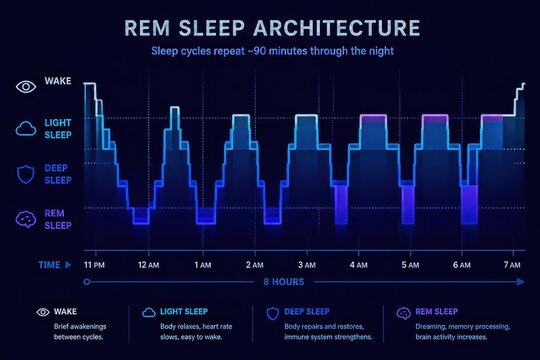 REM sleep architecture chart displaying sleep cycles and stages over an eight-hour period