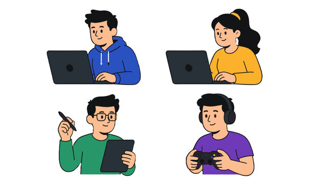Set of cartoon people using laptop, tablet and game controller