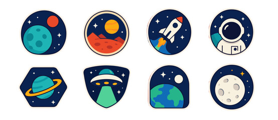 Set of space badge icons with planets, rocket, astronaut and moon © Andrei