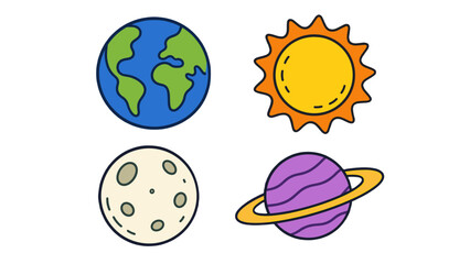 Hand drawn space doodles with Earth, sun, moon and ringed planet © Andrei