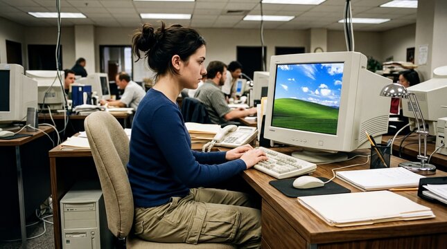 nostalgic office style, a person in a yk outfit sits at a retro workstation with nostalgic decor