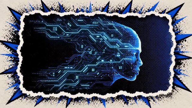 Pop Art Halftone Artificial Intelligence Human Profile Sticker Illustration, Digital Neural Network and Futuristic Technology, Torn Paper Collage Element, Retro Magazine Style Graphic, Video