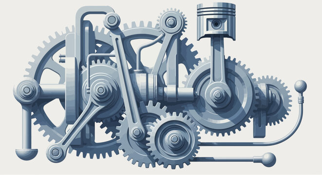 Intricate illustration of a mechanical engine with gears, levers, and piston details