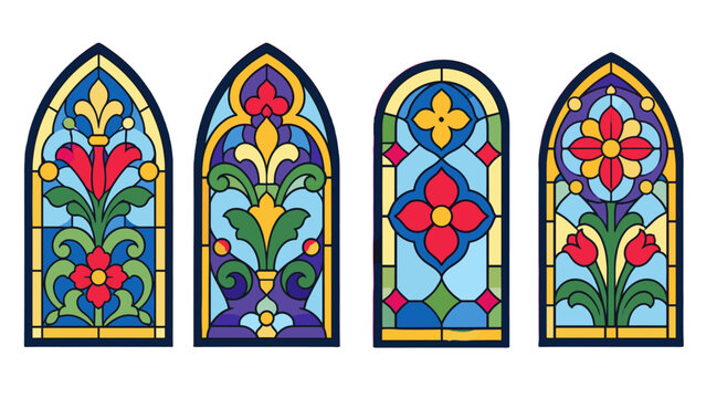 Set of colorful stained glass windows with floral ornament
