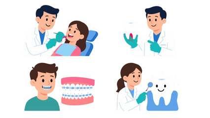 Fototapeta premium Dental care vector set with dentist, patient, braces, and tooth
