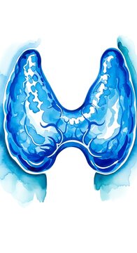 Anatomical illustration of the human thyroid gland in watercolor style.