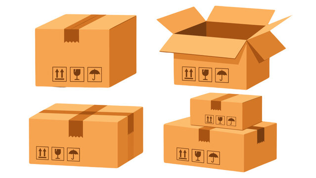 Set of open and closed cardboard shipping boxes illustration